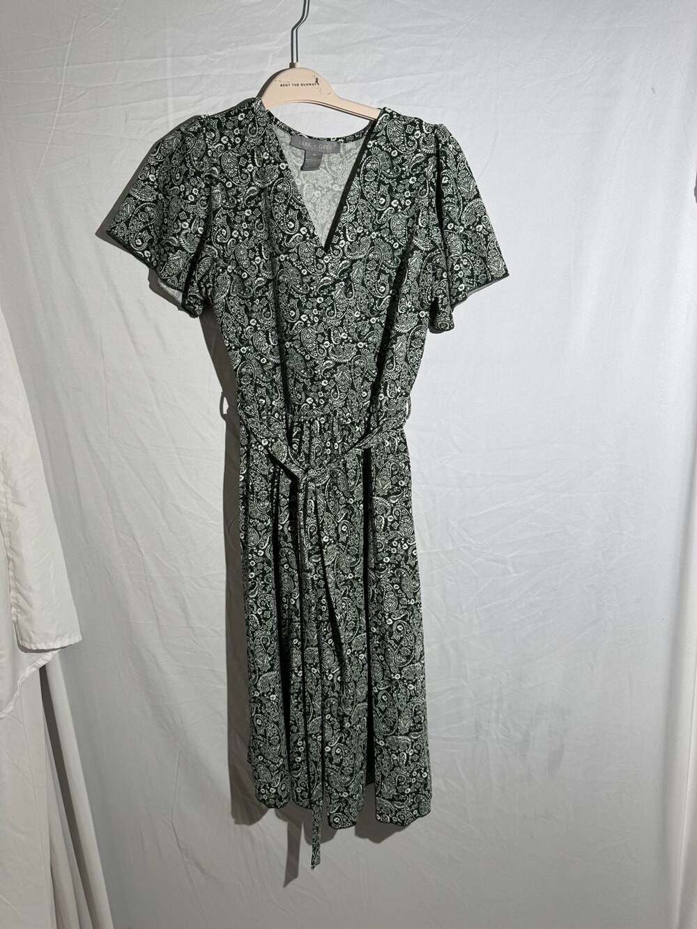 Lark Grey Paisley Flutter Sleeve Midi Dress Womens Medium M Olive Green V Nec
